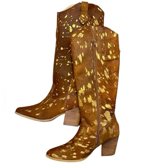 NEW Diba True Cowhide Leather Gold Foil Metallic Print Size 6 Southwestern Boots - Picture 5 of 11